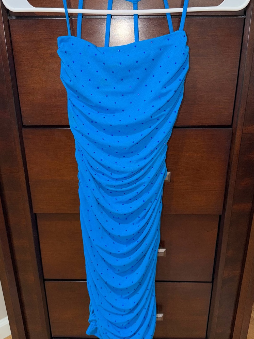 Blue Ruched Swim Dress with Spaghetti Straps